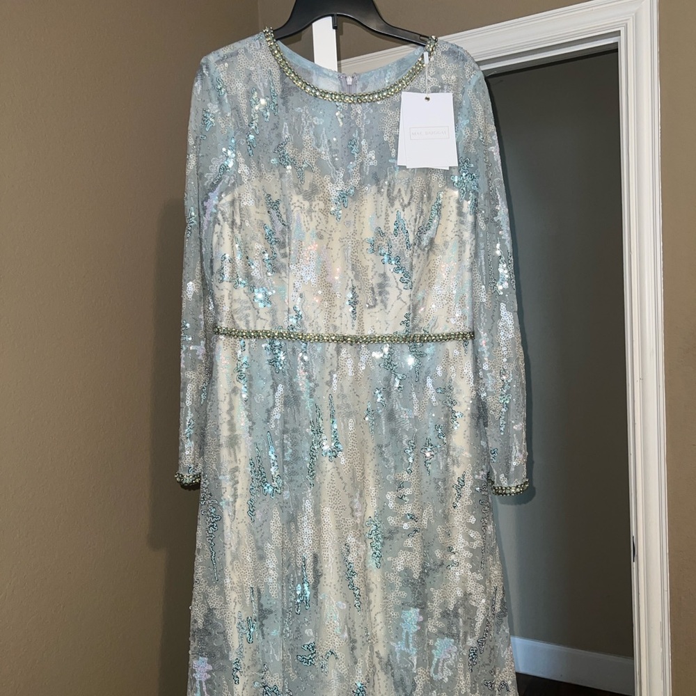Mac Duggal Pale Blue and Cream Sequin Long Sleeve Gown